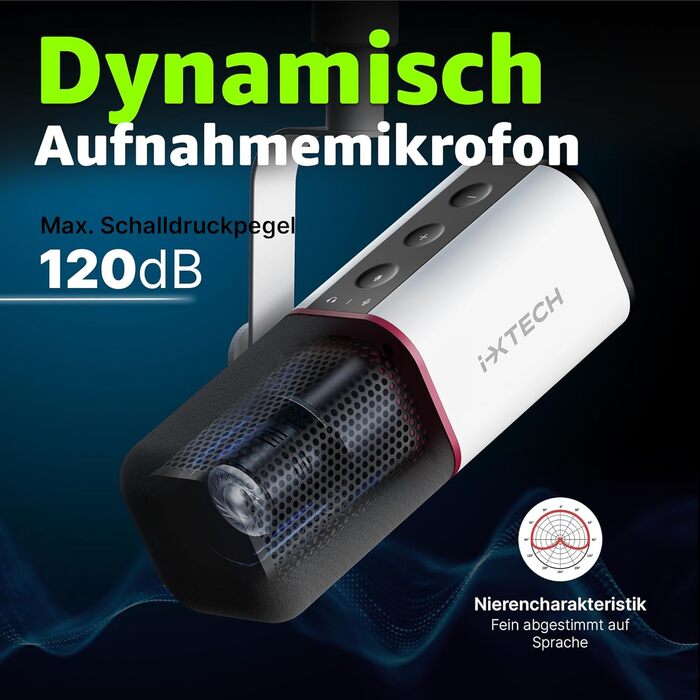 IXTECH Динамічний мікрофон із кардіоїдною діаграмою, RGB підсвітка, USB/XLR, для співу, подкастів, стрімінгу, запису, ігор та озвучування, білий