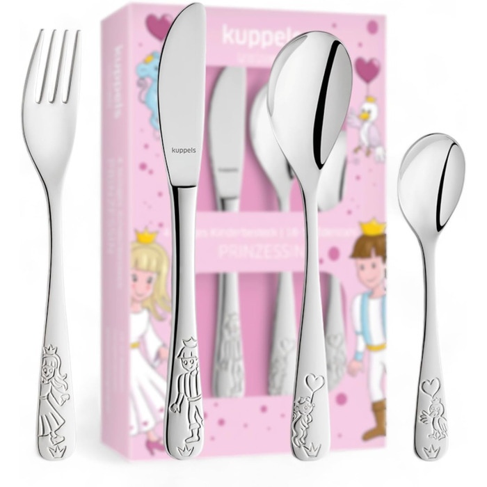 Набір дитячого столового прибору Kinderbesteck Set 4-teilig з мотивом - персоналізований дитячий столовий прилад з гравіюванням імені на ніж, виделку, ложку та чайну ложку – індивідуальний подарунок на народження, хрещення, день народження (Казка)