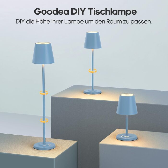 LED настільна лампа GOODEA бездротова з регулюванням висоти, 5500mAh, 3 кольори, диммування, вологостійка, з сенсорним керуванням, алюміній, 2 шт. для дому та саду