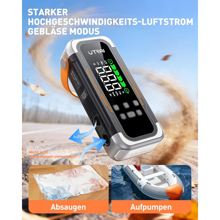 Powerbank Starthilfe UTRAI з компресором та вентилятором для авто, 6000A, LED, PD 30W, для бензинових та дизельних двигунів (10L)