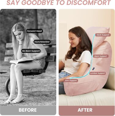 Портативне подушкове крісло для читання з підголовником (Oeko-Tex), м'яке крісло з підлокітниками та кишенями для дорослих, зручне ліжко-подушка з memory foam для гуртожитку (Рожевий, Преміум Великий)