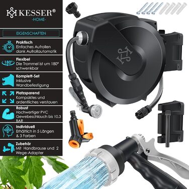 Шланг для саду KESSER® 35м з автоматичним підйомом | Шланг для поливу з тримачем для стіни | Водопровідна коробка для стіни з ручною лійкою 7-функцій | Антрацит/Чорний
