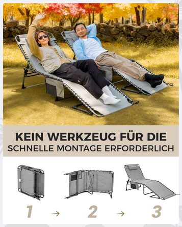 Лежак для відпочинку KingCamp великого розміру, складаний, 5 положень, для саду, кемпінгу, пляжу, з подушкою та кишенею, до 200 кг, 200 x 68 см, сірий