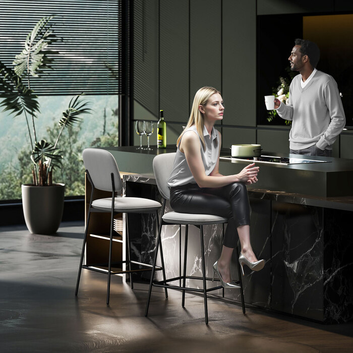 Набір з 2 барних стільців, обідні стільці з підніжкою, оксамитова оббивка, сталеві ніжки, для їдальні, 45 x 49 x 102 см, світло-сірий