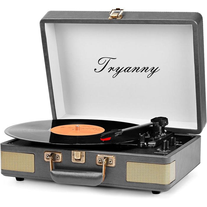 Вініловий програвач Trynnay 3-швидкісний Bluetooth у ретро-валізі з вбудованими динаміками, покриття з PU-шкіри, покращений звук, сірий