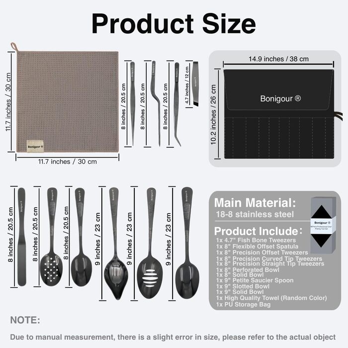 Набір кухонних аксесуарів 11 в 1, професійний, з нержавіючої сталі, чорний | Кухоль, лопатка, ложка, прес-пап'є