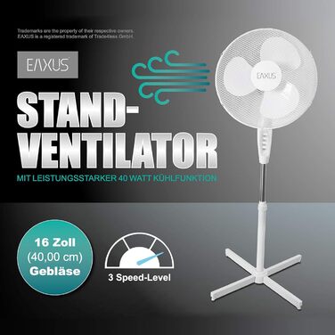 Безшумний вентилятор Eaxus Silent Pedestal Fan 40W - безшумний вентилятор з 3 режимами швидкості, регулюється по висоті до 1,25 метра, білий