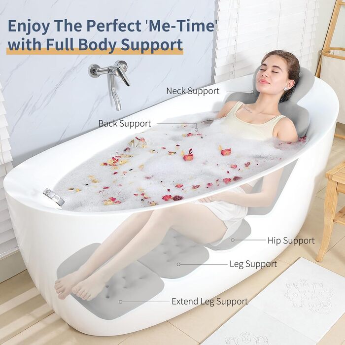 Подушка для ванни, повного тіла з 160 присосками, килимок для ванни для підтримки голови та шиї, з мішком для білизни (Темно-сірий, 130 x 41 см)