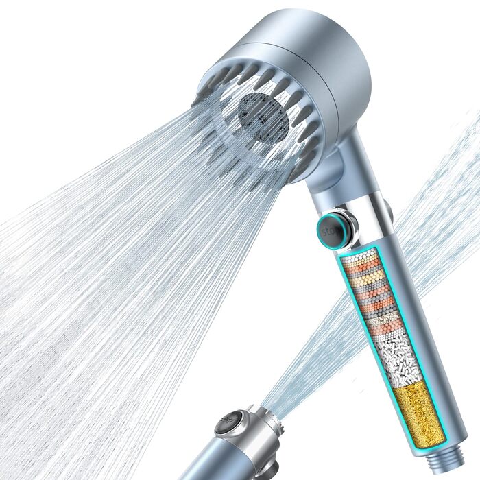Фільтр для душу MEKO з високим тиском, ручна лійка з 15-шаровою фільтрацією, шланг 1,5м, 3 режими, економія води, видаляє хлор, жорстку воду, важкі метали (блакитний)