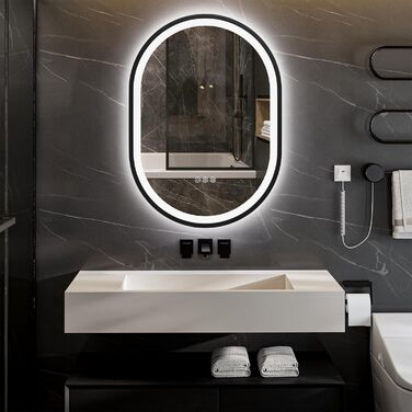 Дзеркало для ванної кімнати ChillCruiser з LED-підсвічуванням 50 см, кругле, з чорною рамою, антизапотівання, 3 кольори, функція Memory