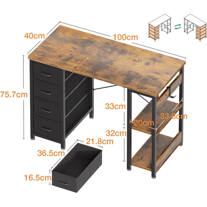Компактний письмовий стіл Coleshome з 4 висувними ящиками, 100x40 см, з полицями, для офісу, кабінету, спальні, коричневий