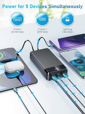 МАг Power Bank PD 22,5 Вт, 2 кабелі та 5 портів, світлодіодний індикатор, ліхтарик, чорний, 40 000