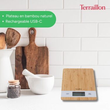Кухонні ваги TERRAILLON Bamboo з USB-зарядкою, функція Tara, перетворення об'єму, 5 кг, бамбук