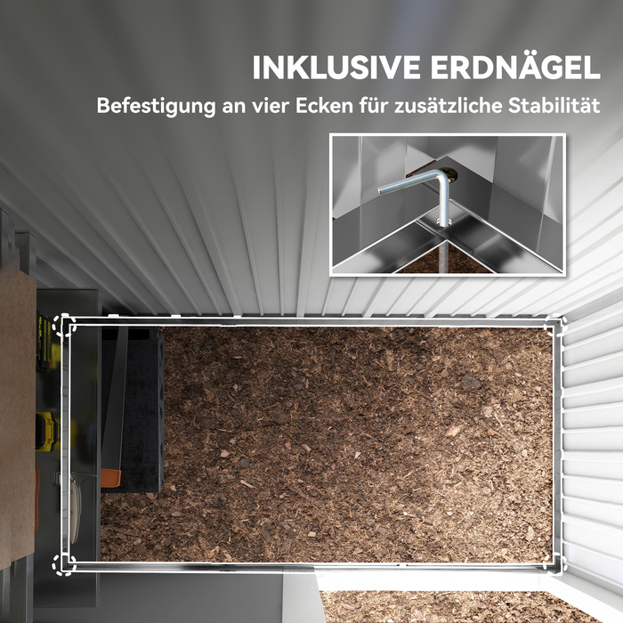 Гараж для саду, садова комора для інструментів з хвильового металу, з панелями стін, регульовані полиці, замикаюче двері, сірий