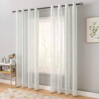 Комплект штор MIULEE Voile з 2 шт. з гілками дерев, люверси, 245x140 см, білий/зелений