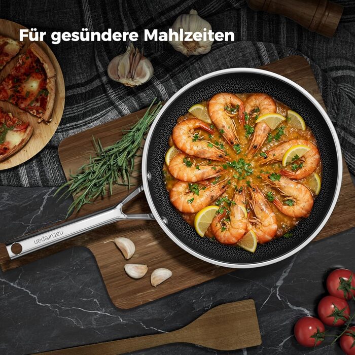 Набір сковорідок DiamondTitan з нержавіючої сталі, 3 шт. (20+24+28 см), антипригарне покриття з кераміки, для всіх типів плит, лазерне різьблення у вигляді стільникової структури, не нагрівається ручка, придатні для миття в посудомийній машині