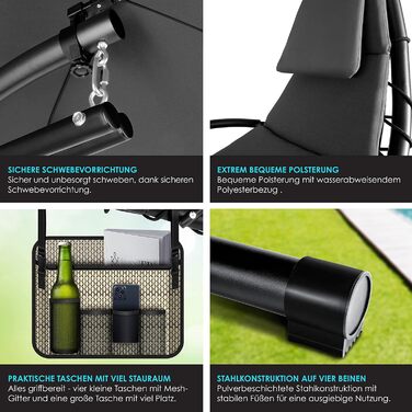 Кесер® Плетене крісло-гойдалка з сонцезахисним козирком, 194x100 см, до 120 кг, з подушкою для шиї та сумкою, антрацит