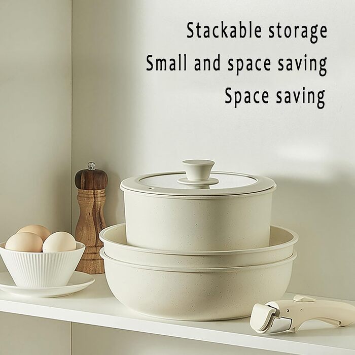 17-ти частинний набір каструль з знімним ручками: Набір посуду Induktion з антипригарним покриттям для всіх типів плит, придатний для миття в посудомийній машині (молочний білий)