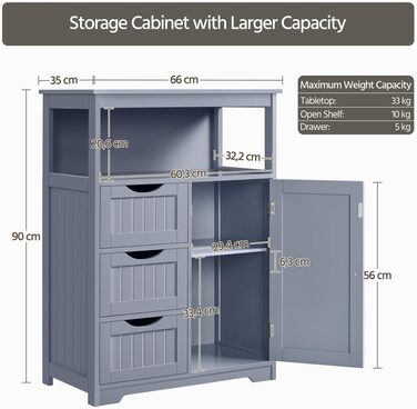 Шафа для ванної кімнати Yaheetech з 3 висувними ящиками та 1 дверцятами, регульовані полиці, 66x35x90 см (Сірий)