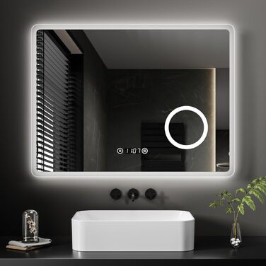 EMKE® LED дзеркало для ванної кімнати 80x60 см з підсвічуванням, сенсорне, регулювання яскравості, протитуманне, 3 кольори світла, годинник, IP44