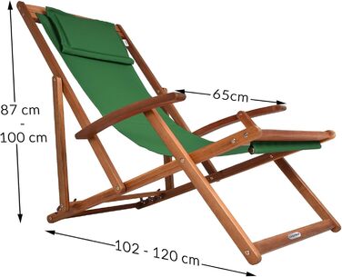 Лежак для відпочинку Casaria® з дерева, стійкий до погодних умов, складний, регульований, до 160 кг, з підлокітниками та подушкою для шиї, для саду та балкону, акація, 94x94x60 см, зелений
