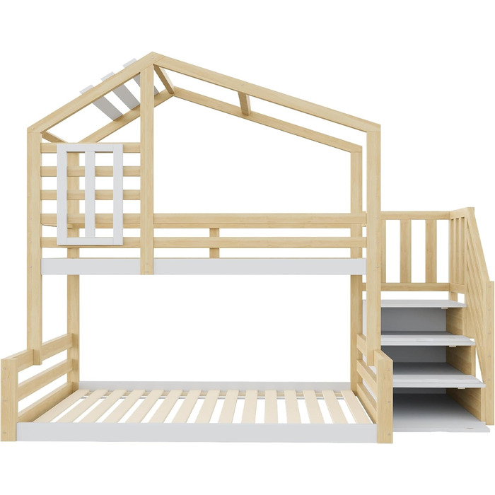 Двоярусне ліжко 90x200 та 140x200 см, дитяче ліжко-горище з місцем для зберігання, сходами та дахом, ліжко-будиночок з вікном, з ламелями та захистом від падіння, без матраца, натуральне дерево