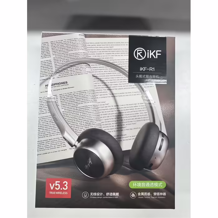 iKF R1 Бездротові Bluetooth накладні навушники ретро-дизайн, 60 годин роботи, стереозвук, режим прозорості, підключення до 2 пристроїв, для iOS/Android, чорні