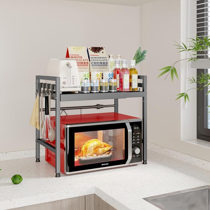 Регульована полиця для мікрохвильової печі, розширювана підставка-органайзер для кухні, міцний металевий каркас, з 8 гачками (2-рівнева, сіра)