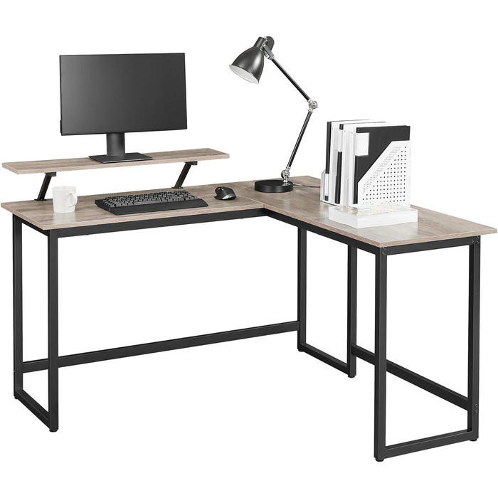 Комп'ютерний стіл VASAGLE, L-подібна письмова робоча станція, промисловий кутовий стіл із підставкою для монітора, для домашнього офісу, навчання, письма та ігор, економія місця, легка збірка, (сірий чорний)