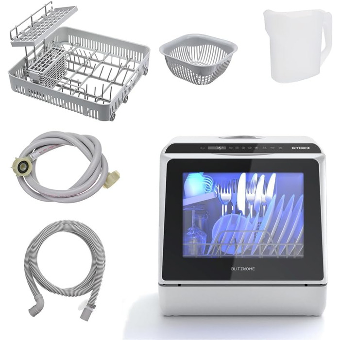 BLITZHOME Міні посудомийна машина з керуванням через додаток, 6 програм, портативна, 5л бак, з/без підключення до води, функція сушіння, для кемпінгу