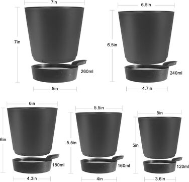 5 горщиків з пластику з системою поливу, 17.8/16.5/15.2/13.9/12.7 см. Самополивні горщики з підставкою, круглі, для квітів, сукулентів, кактусів, зелені та чорні, для дому, балкона та саду.