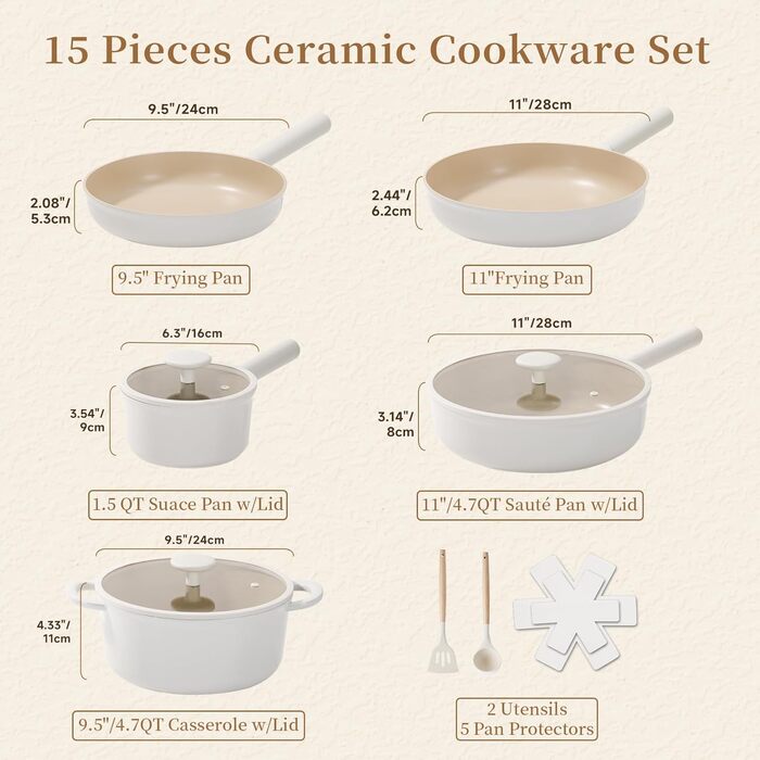 Набір посуду JEETEE 17 предметів з антипригарним покриттям Ceramic, знімні ручки. Каструлі 16/20/24 см, сковороди 24/28 см, глибока сковорода 28 см. Підходить для всіх типів плит, духовка, 17 предметів, бежевий
