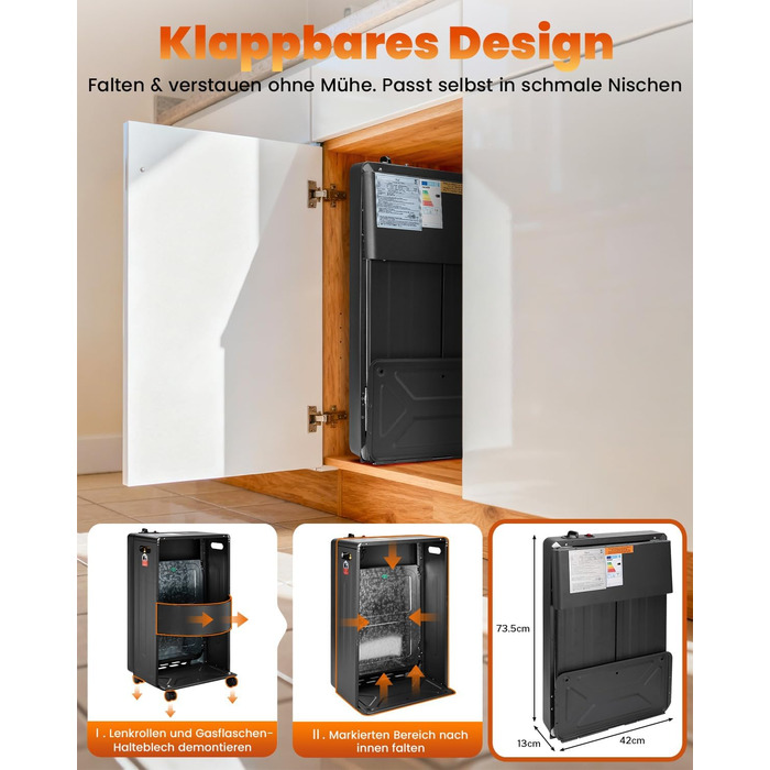 Газовий обігрівач Cooltop 4200W з керамічним нагрівачем, для дому, на бутан/пропан, без балончика, з регулятором та шлангом (чорний)