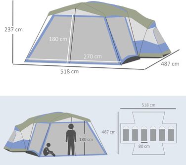 Намет для кемпінгу Outsunny Купольний намет з тамбуром 2 вікна Намет для 6-8 осіб Сімейний намет для трекінгового фестивалю PU3000 мм Скловолокно 518 x 487 x 237 см Синій