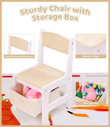 Дитячий стіл зі стільцями, ігровий стіл для дітей з місцем для зберігання, набір меблів для дитячої кімнати (натуральний колір)