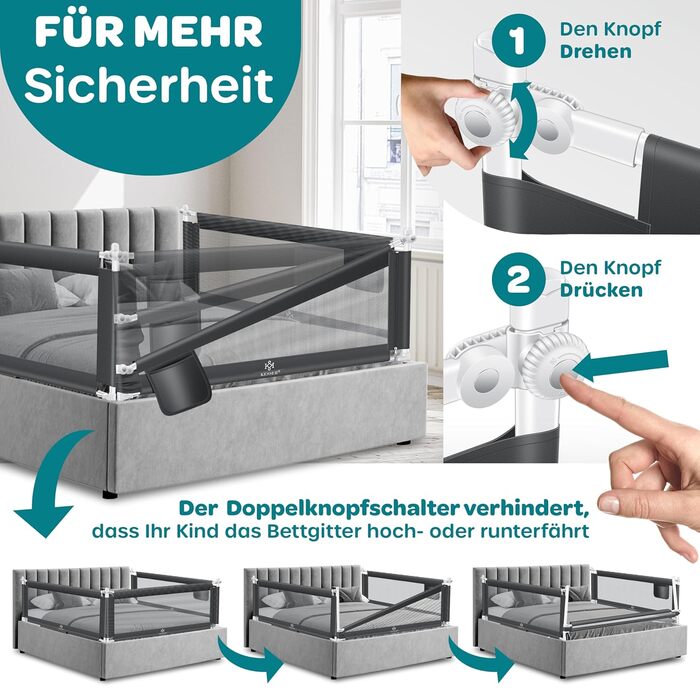 Захисний бортик для ліжка KESSER 180 см сірий: сітка, складаний, регульований, захист від випадання для дітей та малюків