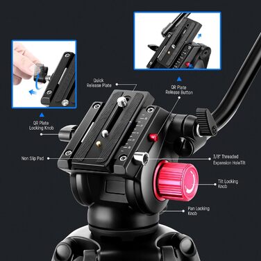 NEEWER відеоштатив 200 см з алюмінію, 360° флюїд-голівка, для DSLR камер Canon, Nikon, Sony, вантажопідйомність 8 кг