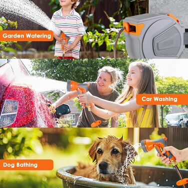 Шланговий барабан з шлангом 30м для саду, настінний автоматичний ролик, поворот 180°, водяний бокс з 9 функціями, для поливу та миття авто, сірий-помаранчевий, 30M