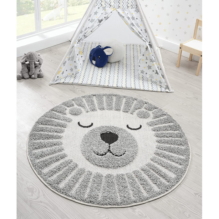М'який затишний дитячий килим the carpet Lou, М'який затишний ворс, легкий у догляді, стійкий до фарбування, відкритий, 3D-вид, із зображенням лева, круглий, 160 см (круглий, сірий, 80 х 80 см)