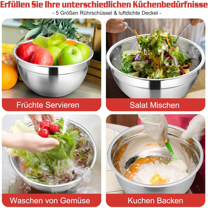 Набір мисок Homikit, 5 шт. з нержавіючої сталі, з кришкою та силіконовим дном, мультифункціональний, для салатів, 6.6L / 3.5L / 2.5L / 1.5L / 1L (червоний, з 3 тертками)