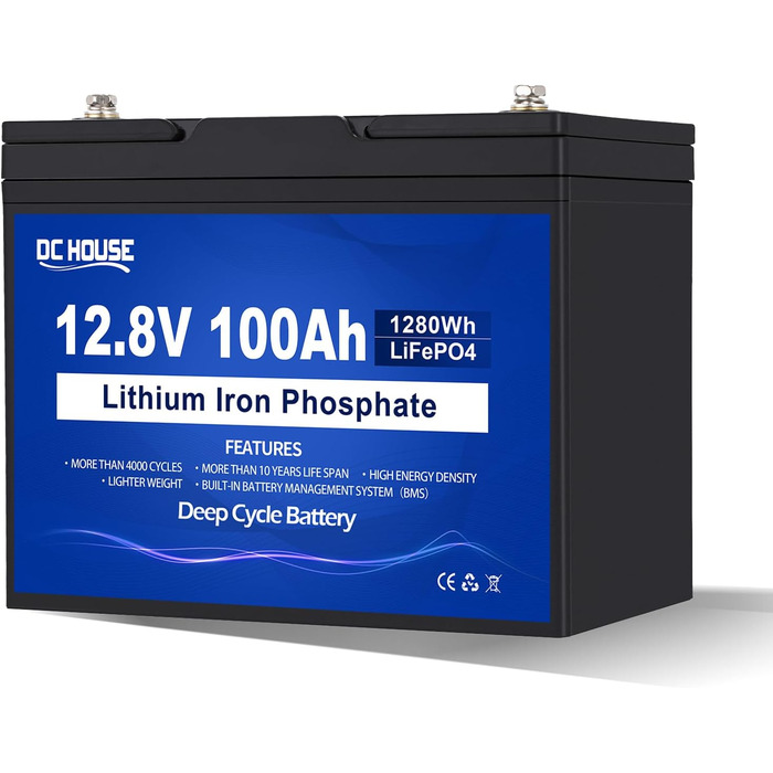 Акумуляторна батарея DCHOUSE 12V 100Ah LiFePO4, оновлена BMS 100A, до 15000 циклів, літієва батарея 1280 Втгод, ідеально підходить для автофургонів, сонячних систем, караванів, човнів, кемпінгу, автономних систем