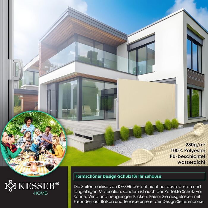 Алюмінієва бічна маркіза KESSER 300x160 см, розсувна, водонепроникна, з автоматичним згортанням, захист від вітру та сторонніх поглядів для балкона і тераси, бежева, з настінним кріпленням та чохлом від дощу