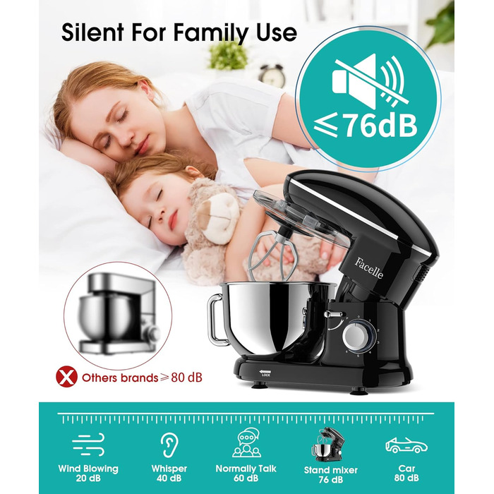 Кухонна машина Facelle 1500W з нержавіючою чашею 6.2 л, 6 швидкостей, комплект насадок (чорна)