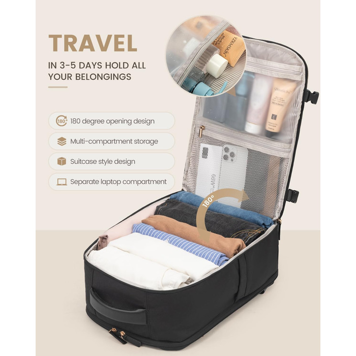 LOVEVOOK Рюкзак для ручної поклажі, жіночий рюкзак для подорожей, водонепроникний рюкзак для ноутбука 17 дюймів, шкільний рюкзак для жінок/студенток, чорний/коричневий (45x32x15 см)