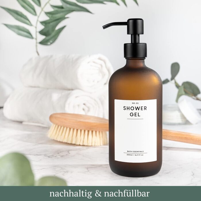 MONOKO Набір з 4 дозатори для мила чорного матового кольору з скла, 500 мл | Дозатори для шампуню, мила для кухні | Нержавіюча сталь, помповий механізм | Флакони з наліпками (Коричневий-500)