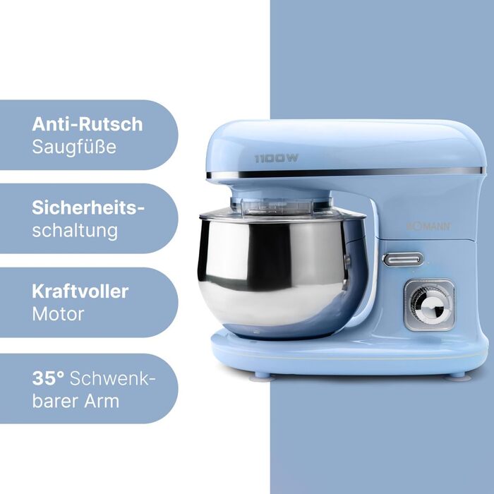 Кухонна машина Bomann 1100 Вт | 5л чаша | міксер, гак для тіста, насадка для збивання | для 3 кг тіста | KM 6030 CB блакитна