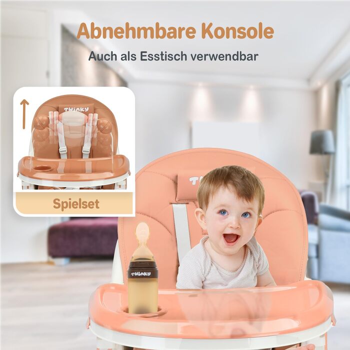 Дитячий стільчик для годування Twinky Hochstuhl Baby ECO з регульованою спинкою, функцією розкладання та столиком - підходить для новонароджених та дітей (Рожевий)
