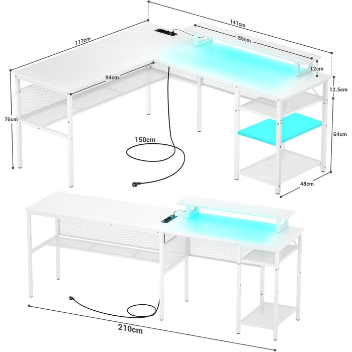 L-подібний ігровий стіл, 141x117x76 см, комп'ютерний стіл з полицею, офісний стіл з поворотним кутом для навчання, ігор, home office (білий)