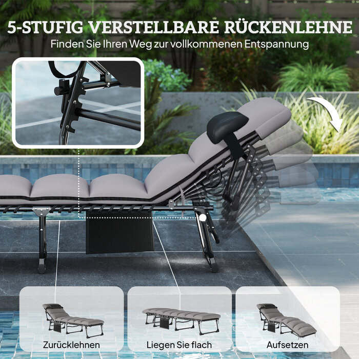 Зручний складаний шезлонг для саду з регульованою спинкою (5 положень), м'яким матрацом та підголівником.