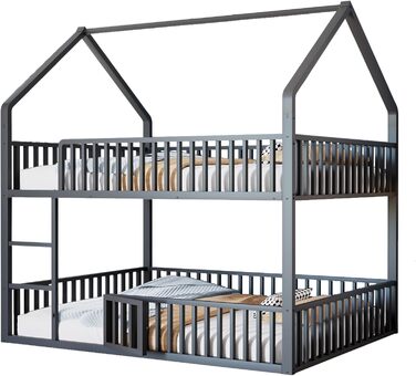 Двоярусне ліжко 140x200 см для 2 дітей, з будиночком, сходами та дверцятами, металеве, з захистом від падіння та ламелями (чорне)